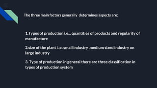 The three main factors generally determines aspects are:
1.Types of production i.e... quantities of products and regularity of
manufacture
2.size of the plant i..e..small industry ,medium sized industry on
large industry
3. Type of production in general there are three classification in
types of production system
 