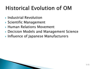  Industrial Revolution
 Scientific Management
 Human Relations Movement
 Decision Models and Management Science
 Influence of Japanese Manufacturers
1-11
 