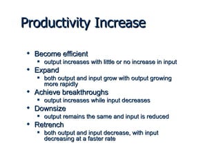 Become efficient output increases with little or no increase in input Expand both output and input grow with output growing more rapidly Achieve breakthroughs output increases while input decreases Downsize output remains the same and input is reduced Retrench both output and input decrease, with input decreasing at a faster rate Productivity Increase 