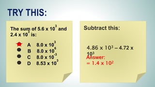 TRY THIS:
The sum of 5.6 x 10
3
and
2.4 x 10
3
is:
A 8.0 x 10
3
B 8.0 x 10
6
C 8.0 x 10
-3
D 8.53 x 10
3
4.86 x 103 – 4.72 x
103
Subtract this:
Answer:
= 1.4 x 102
 