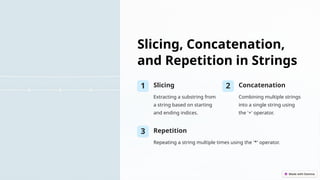 Slicing, Concatenation,
and Repetition in Strings
1 Slicing
Extracting a substring from
a string based on starting
and ending indices.
2 Concatenation
Combining multiple strings
into a single string using
the '+' operator.
3 Repetition
Repeating a string multiple times using the '*' operator.
 