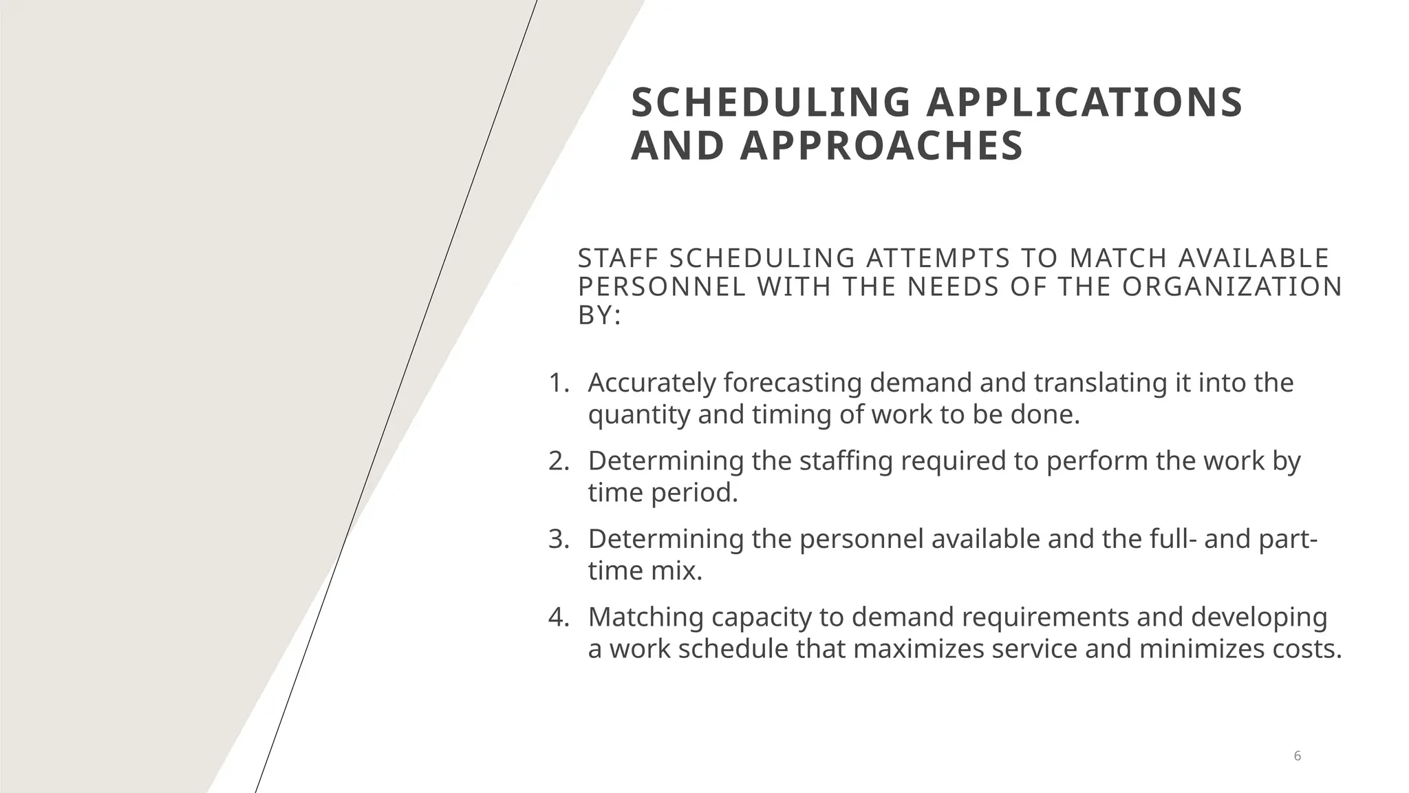 SCHEDULING APPLICATIONS
AND APPROACHES
STAFF SCHEDULING ATTEMPTS TO MATCH AVAILABLE
PERSONNEL WITH THE NEEDS OF THE ORGANIZATION
BY:
1. Accurately forecasting demand and translating it into the
quantity and timing of work to be done.
2. Determining the staffing required to perform the work by
time period.
3. Determining the personnel available and the full- and part-
time mix.
4. Matching capacity to demand requirements and developing
a work schedule that maximizes service and minimizes costs.
6
 