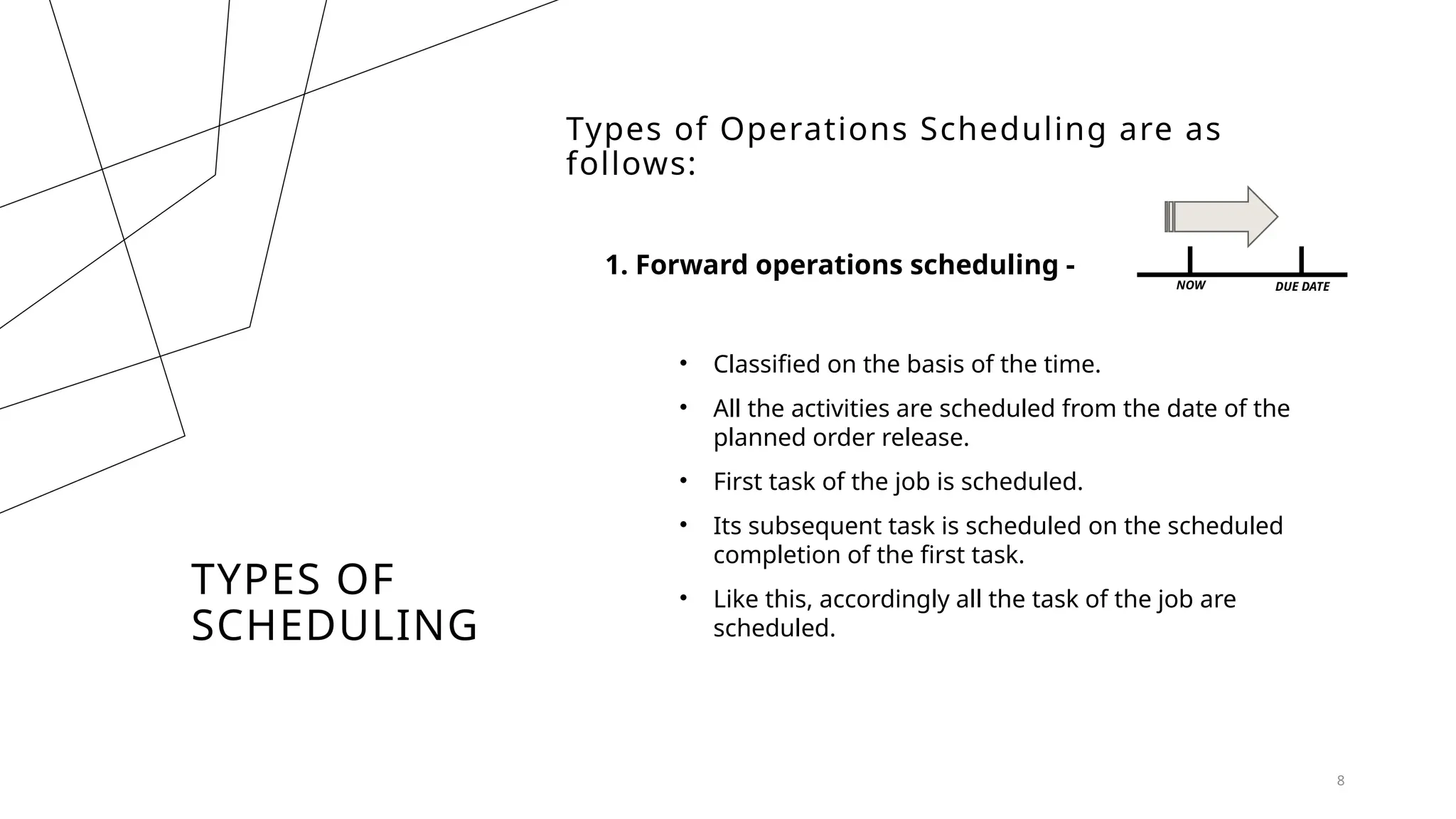 TYPES OF
SCHEDULING
Types of Operations Scheduling are as
follows:
1. Forward operations scheduling -
• Classified on the basis of the time.
• All the activities are scheduled from the date of the
planned order release.
• First task of the job is scheduled.
• Its subsequent task is scheduled on the scheduled
completion of the first task.
• Like this, accordingly all the task of the job are
scheduled.
8
NOW DUE DATE
 