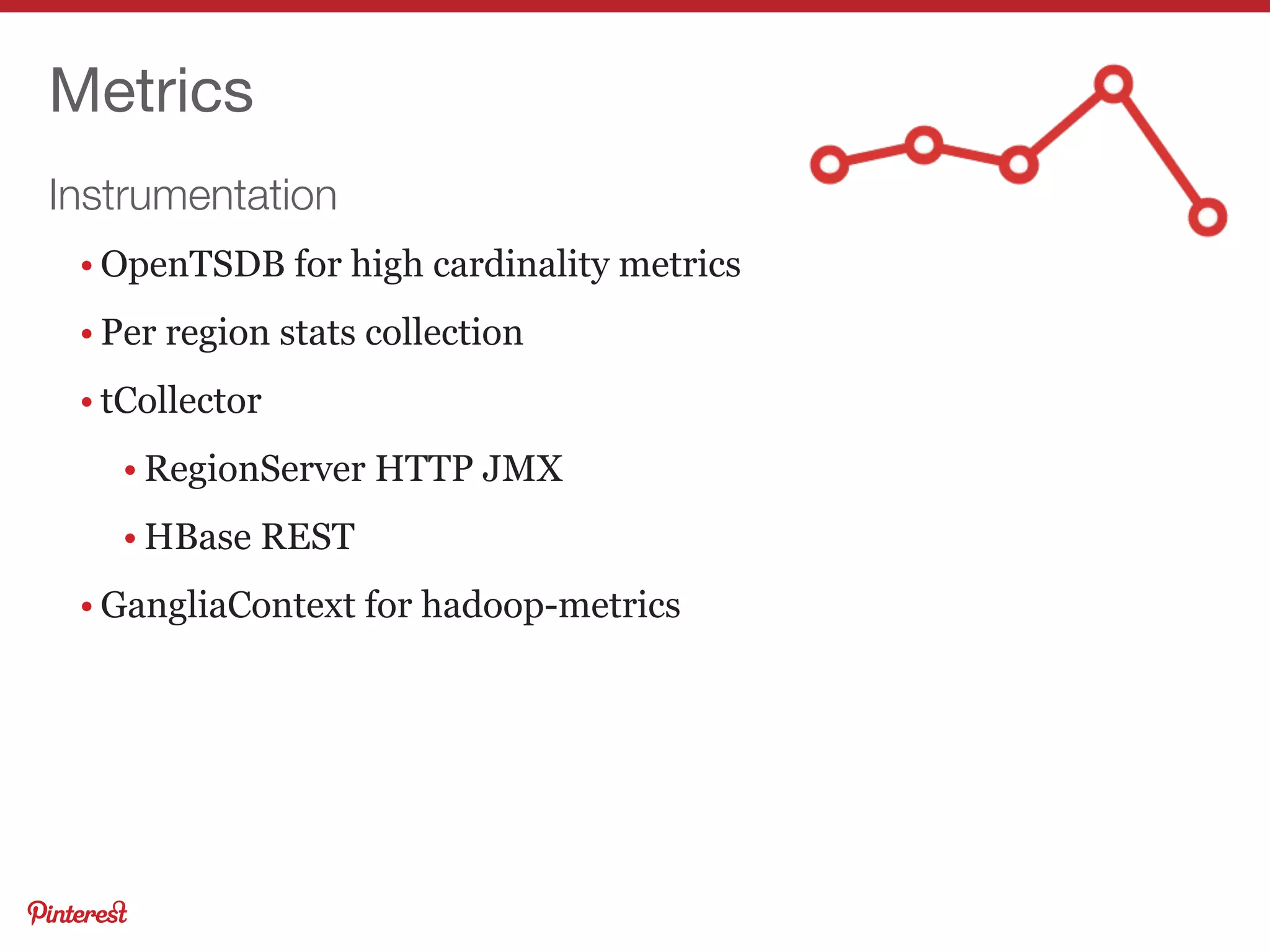 Instrumentation
Metrics
• OpenTSDB for high cardinality metrics
• Per region stats collection
• tCollector
• RegionServer HTTP JMX
• HBase REST
• GangliaContext for hadoop-metrics
 
