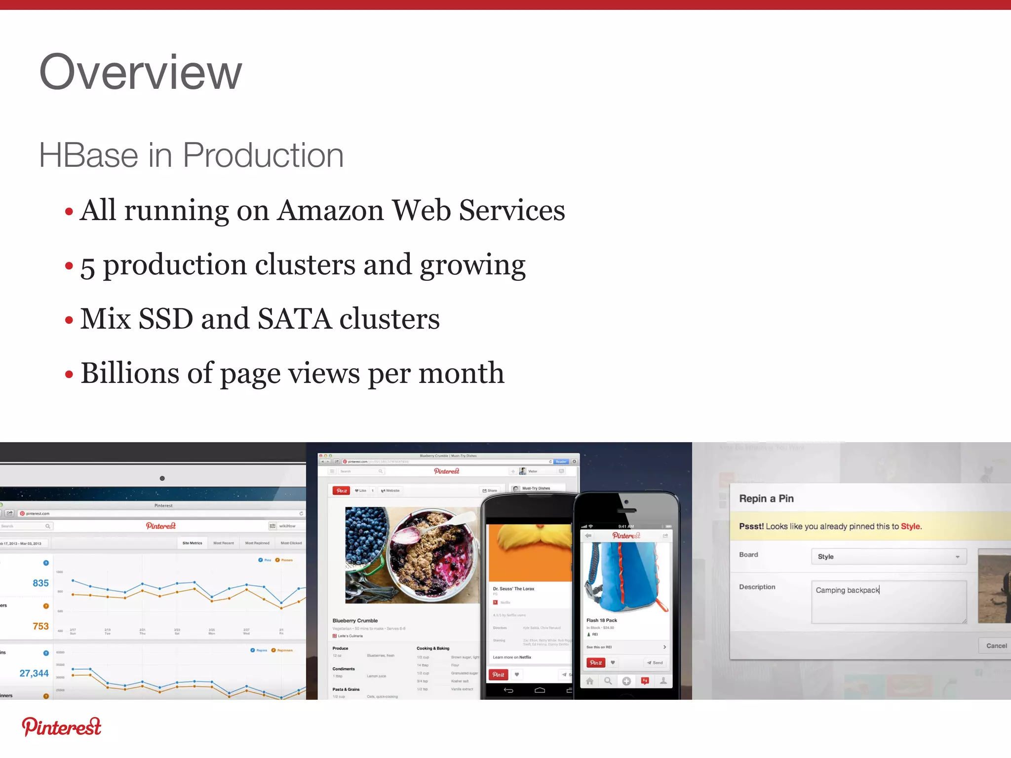 HBase in Production
Overview
• All running on Amazon Web Services
• 5 production clusters and growing
• Mix SSD and SATA clusters
• Billions of page views per month
 