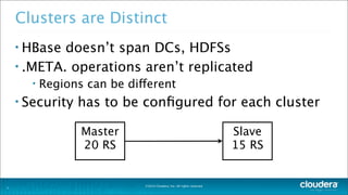 ©2014 Cloudera, Inc. All rights reserved.
Clusters are Distinct
• HBase doesn’t span DCs, HDFSs
• .META. operations aren’t replicated
• Regions can be different
• Security has to be conﬁgured for each cluster
7
Master
20 RS
Slave
15 RS
 