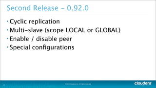 ©2014 Cloudera, Inc. All rights reserved.
Second Release - 0.92.0
• Cyclic replication
• Multi-slave (scope LOCAL or GLOBAL)
• Enable / disable peer
• Special conﬁgurations
16
 