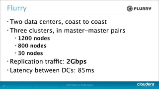 ©2014 Cloudera, Inc. All rights reserved.
Flurry
• Two data centers, coast to coast
• Three clusters, in master-master pairs
• 1200 nodes
• 800 nodes
• 30 nodes
• Replication traffic: 2Gbps
• Latency between DCs: 85ms
27
 
