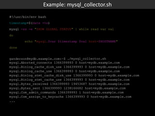 #!/usr/bin/env bash
timestamp=$(date +%s)
mysql -ss -e "SHOW GLOBAL STATUS" | while read var val
do
echo "mysql.$var $timestamp $val host=$HOSTNAME"
done
ganderson@mydb.example.com:~$ _./mysql_collector.sh
mysql.Aborted_connects 1366399993 0 host=mydb.example.com
mysql.Binlog_cache_disk_use 1366399993 0 host=mydb.example.com
mysql.Binlog_cache_use 1366399993 0 host=mydb.example.com
mysql.Binlog_stmt_cache_disk_use 1366399993 0 host=mydb.example.com
mysql.Binlog_stmt_cache_use 1366399993 0 host=mydb.example.com
mysql.Bytes_received 1366399993 19453687 host=mydb.example.com
mysql.Bytes_sent 1366399993 1238166682 host=mydb.example.com
mysql.Com_admin_commands 1366399993 1 host=mydb.example.com
mysql.Com_assign_to_keycache 1366399993 0 host=mydb.example.com
...
Example: mysql_collector.sh
 