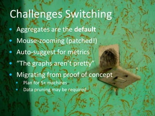 Challenges Switching
• Aggregates are the default
• Mouse-zooming (patched!)
• Auto-suggest for metrics
• “The graphs aren’t pretty”
• Migrating from proof of concept
• Plan for 5+ machines
• Data pruning may be required
 