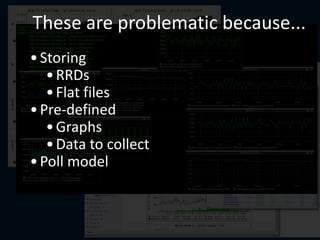 •Storing
•RRDs
•Flat files
•Pre-defined
•Graphs
•Data to collect
•Poll model
These are problematic because...
 