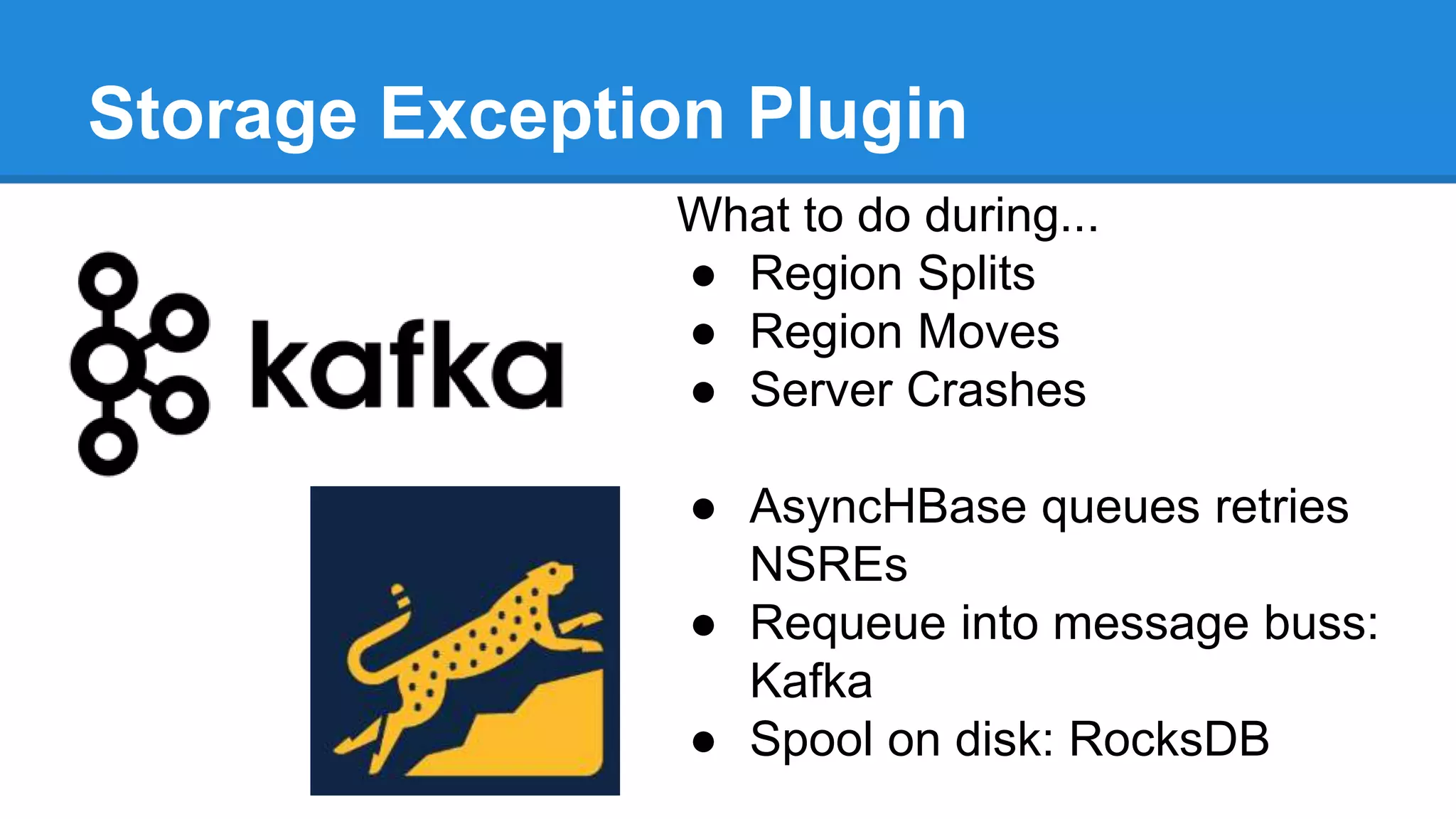 Storage Exception Plugin
What to do during...
● Region Splits
● Region Moves
● Server Crashes
● AsyncHBase queues retries
NSREs
● Requeue into message buss:
Kafka
● Spool on disk: RocksDB
 
