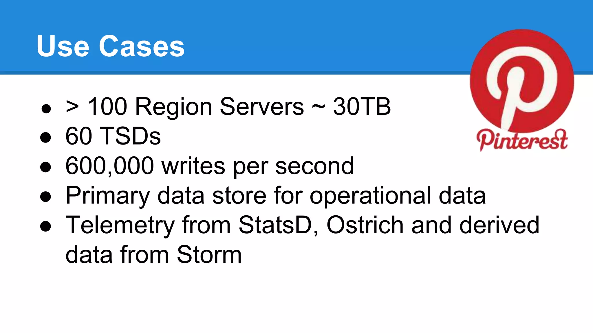 Use Cases
● > 100 Region Servers ~ 30TB
● 60 TSDs
● 600,000 writes per second
● Primary data store for operational data
● Telemetry from StatsD, Ostrich and derived
data from Storm
 