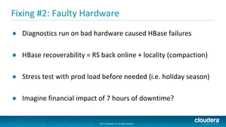 ©2014 Cloudera, Inc. All rights reserved.
©2014 Cloudera, Inc. All rights reserved.
Fixing #2: Faulty Hardware
● Diagnostics run on bad hardware caused HBase failures
● HBase recoverability = RS back online + locality (compaction)
● Stress test with prod load before needed (i.e. holiday season)
● Imagine financial impact of 7 hours of downtime?
 