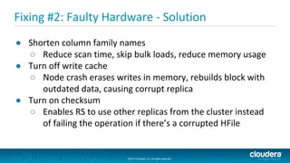 ©2014 Cloudera, Inc. All rights reserved.
©2014 Cloudera, Inc. All rights reserved.
Fixing #2: Faulty Hardware - Solution
● Shorten column family names
○ Reduce scan time, skip bulk loads, reduce memory usage
● Turn off write cache
○ Node crash erases writes in memory, rebuilds block with
outdated data, causing corrupt replica
● Turn on checksum
○ Enables RS to use other replicas from the cluster instead
of failing the operation if there’s a corrupted HFile
 