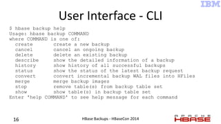 User Interface - CLI
$ hbase backup help
Usage: hbase backup COMMAND
where COMMAND is one of:
create create a new backup
c...