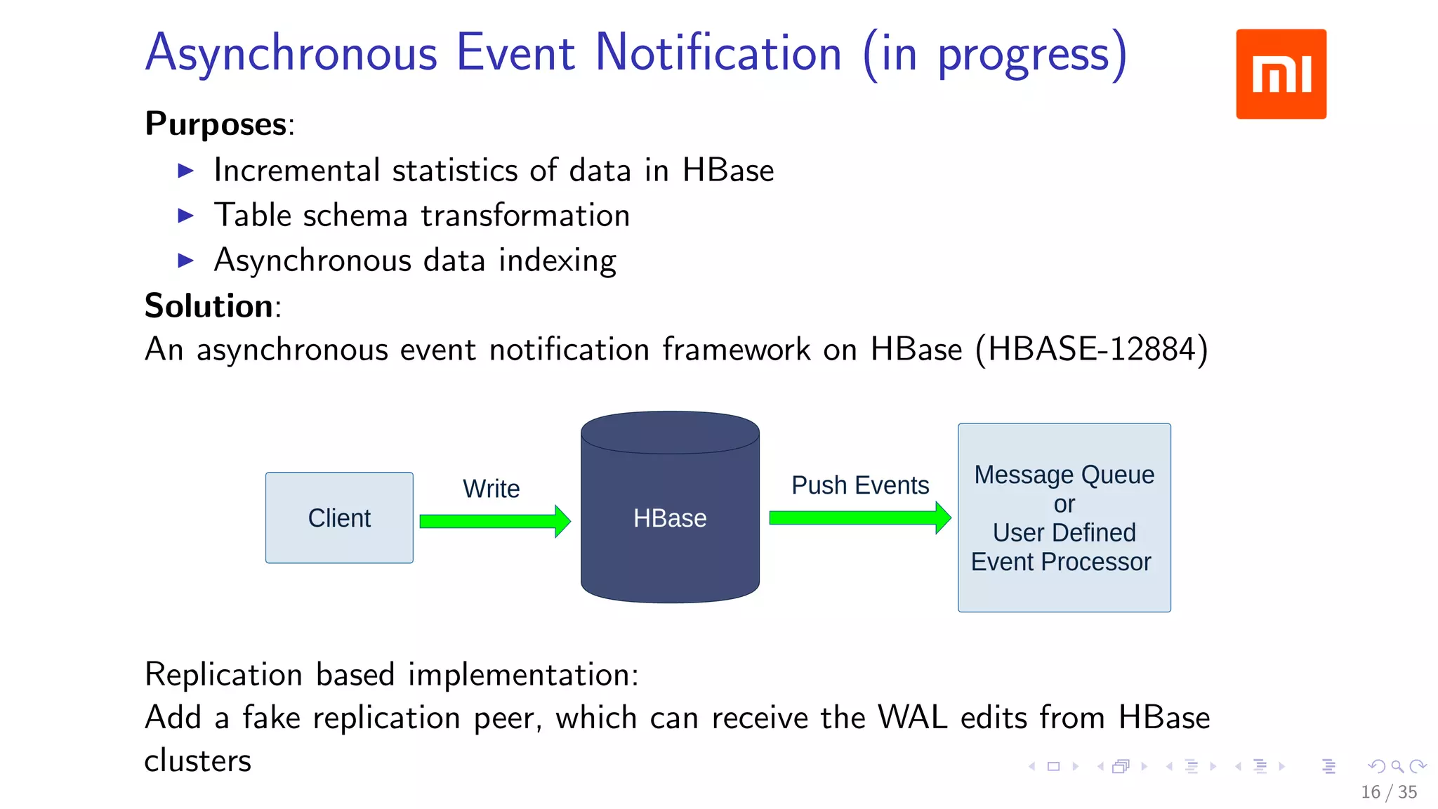 Asynchronous Event Notiﬁcation (in progress)
Purposes:
Incremental statistics of data in HBase
Table schema transformation
Asynchronous data indexing
Solution:
An asynchronous event notiﬁcation framework on HBase (HBASE-12884)
Replication based implementation:
Add a fake replication peer, which can receive the WAL edits from HBase
clusters
16 / 35
 