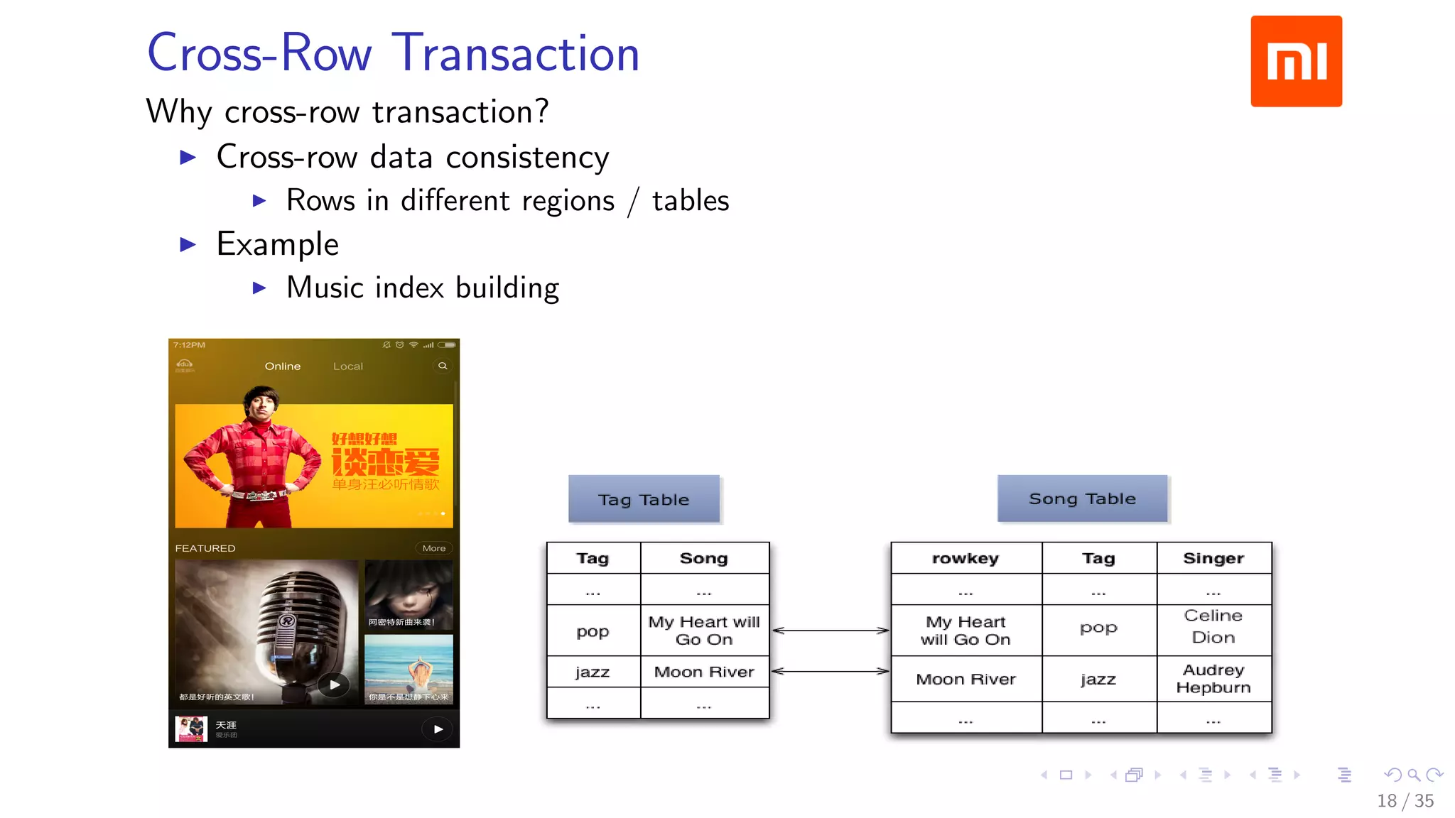 Cross-Row Transaction
Why cross-row transaction?
Cross-row data consistency
Rows in diﬀerent regions / tables
Example
Music index building
18 / 35
 