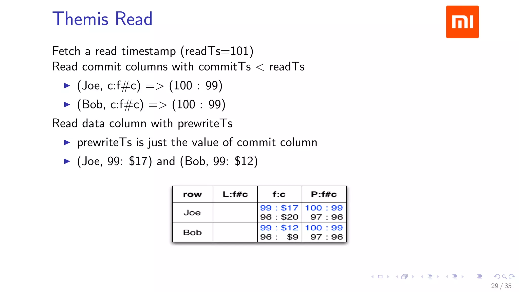Themis Read
Fetch a read timestamp (readTs=101)
Read commit columns with commitTs < readTs
(Joe, c:f#c) => (100 : 99)
(Bob, c:f#c) => (100 : 99)
Read data column with prewriteTs
prewriteTs is just the value of commit column
(Joe, 99: $17) and (Bob, 99: $12)
29 / 35
 