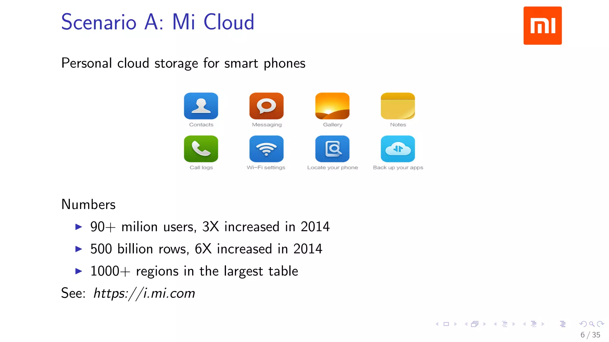 Scenario A: Mi Cloud
Personal cloud storage for smart phones
Numbers
90+ milion users, 3X increased in 2014
500 billion rows, 6X increased in 2014
1000+ regions in the largest table
See: https://i.mi.com
6 / 35
 