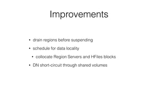 Improvements
• drain regions before suspending
• schedule for data locality
• collocate Region Servers and HFiles blocks
• DN short-circuit through shared volumes
 