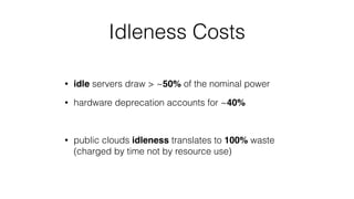 Idleness Costs
• idle servers draw > ~50% of the nominal power
• hardware deprecation accounts for ~40%
• public clouds idleness translates to 100% waste
(charged by time not by resource use)
 