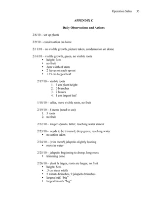 Operation Salsa   33

                                   APPENDIX C

                         Daily Observations and Actions

2/8/10 – set up plants

2/9/10 – condensation on dome

2/11/10 – no visible growth, picture taken, condensation on dome

2/16/10 – visible growth, green, no visible roots
       • height: 3cm
       • no fruit
       • 2cm width of stem
       • 2 leaves on each sprout
       • 1.25 cm largest leaf

   2/17/10 – visible roots
              1. 3 cm plant height
              2. 0 branches
              3. 2 leaves
              4. 1 cm largest leaf

   1/18/10 – taller, more visible roots, no fruit

   2/19/10 – 4 stems (need to cut)
      1. 5 roots
      2. no fruit

   2/22/10 – longer sprouts, taller, reaching water almost

   2/23/10 - needs to be trimmed, deep green, reaching water
      • no action taken

   2/24/10 – (trim them!) jalapeño slightly leaning
      • roots in water

   2/25/10 – jalapeño beginning to droop, long roots
      • trimming done

   2/26/10 – plant Is larger, roots are larger, no fruit
      • height: 5cm
      • .5 cm stem width
      • 5 tomato branches, 9 jalapeño branches
      • largest leaf: “big”
      • largest branch “big”
 