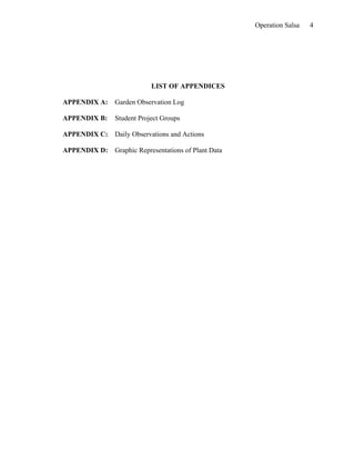 Operation Salsa   4




                          LIST OF APPENDICES

APPENDIX A:   Garden Observation Log

APPENDIX B:   Student Project Groups

APPENDIX C:   Daily Observations and Actions

APPENDIX D:   Graphic Representations of Plant Data
 