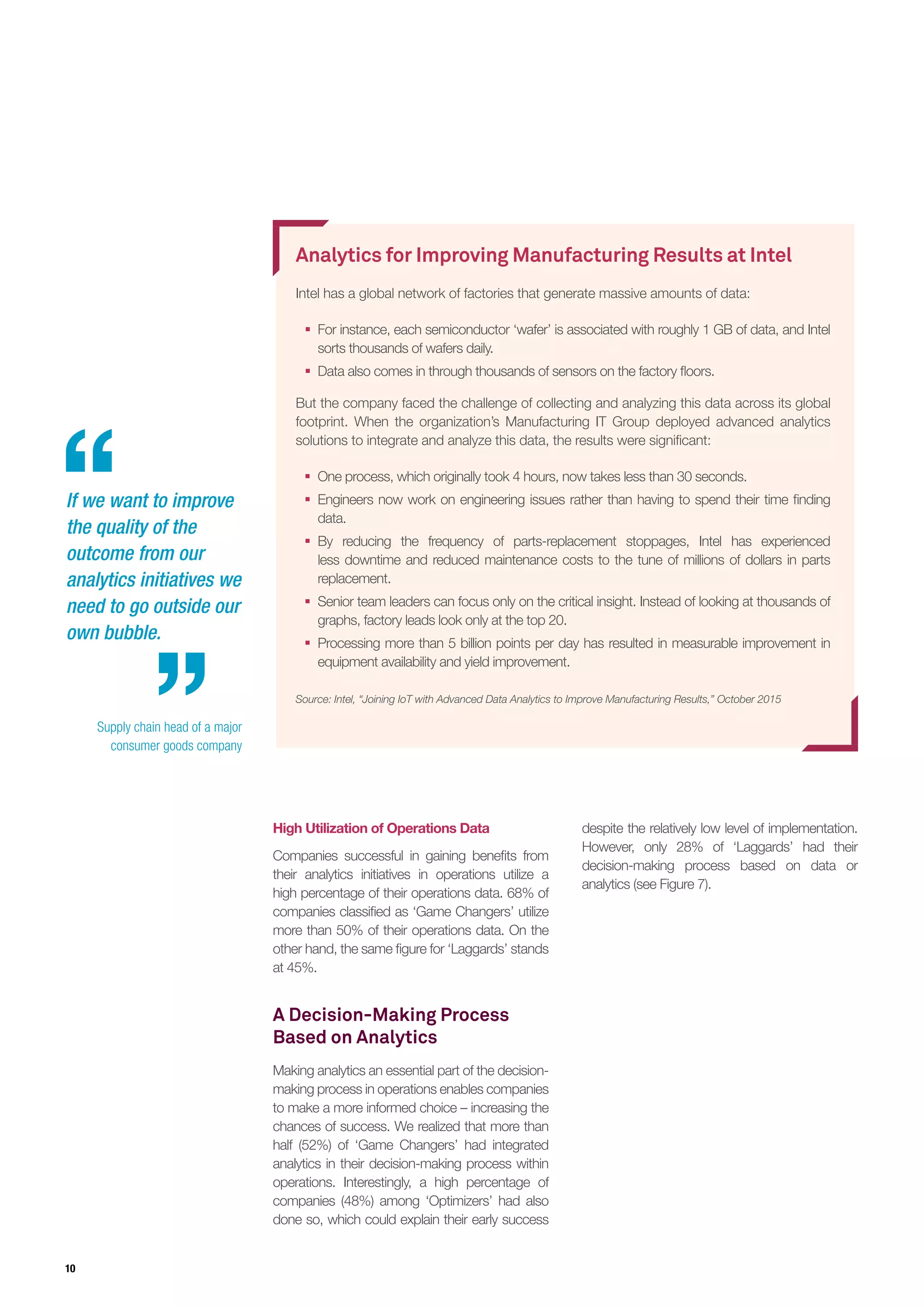 10
Analytics for Improving Manufacturing Results at Intel
Intel has a global network of factories that generate massive amounts of data:
ƒƒ For instance, each semiconductor ‘wafer’ is associated with roughly 1 GB of data, and Intel
sorts thousands of wafers daily.
ƒƒ Data also comes in through thousands of sensors on the factory floors.
But the company faced the challenge of collecting and analyzing this data across its global
footprint. When the organization’s Manufacturing IT Group deployed advanced analytics
solutions to integrate and analyze this data, the results were significant:
ƒƒ One process, which originally took 4 hours, now takes less than 30 seconds.
ƒƒ Engineers now work on engineering issues rather than having to spend their time finding
data.
ƒƒ By reducing the frequency of parts-replacement stoppages, Intel has experienced
less downtime and reduced maintenance costs to the tune of millions of dollars in parts
replacement.
ƒƒ Senior team leaders can focus only on the critical insight. Instead of looking at thousands of
graphs, factory leads look only at the top 20.
ƒƒ Processing more than 5 billion points per day has resulted in measurable improvement in
equipment availability and yield improvement.
Source: Intel, “Joining IoT with Advanced Data Analytics to Improve Manufacturing Results,” October 2015
High Utilization of Operations Data
Companies successful in gaining benefits from
their analytics initiatives in operations utilize a
high percentage of their operations data. 68% of
companies classified as ‘Game Changers’ utilize
more than 50% of their operations data. On the
other hand, the same figure for ‘Laggards’ stands
at 45%.
A Decision-Making Process
Based on Analytics
Making analytics an essential part of the decision-
making process in operations enables companies
to make a more informed choice – increasing the
chances of success. We realized that more than
half (52%) of ‘Game Changers’ had integrated
analytics in their decision-making process within
operations. Interestingly, a high percentage of
companies (48%) among ‘Optimizers’ had also
done so, which could explain their early success
despite the relatively low level of implementation.
However, only 28% of ‘Laggards’ had their
decision-making process based on data or
analytics (see Figure 7).
If we want to improve
the quality of the
outcome from our
analytics initiatives we
need to go outside our
own bubble.
Supply chain head of a major
consumer goods company
 