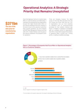 2
Operational Analytics:A Strategic
Priority that Remains Unexploited
Figure 1: Percentage of Companies that Focus More on Operational Analytics
than on Customer Analytics
N = 608
Source: Capgemini Consulting and Capgemini Insights & Data
a
For more details on the research, please refer to the research methodology at the end of the paper
Given that digitization had such a transformative
effect on customer behavior and relationships, it
isperhapsnotsurprisingthatmanyorganizations
focused their digital transformation efforts on
the customer experience front-end. However, in
the race to focus on the customer, it was all too
easy to ignore operations. Our 2013 research
with MIT Sloan Management Review found that
while 40% of digital initiatives were focused on
the customer experience, this dropped to 26%
for operations1
.
Times are changing, however. Our latest
survey of more than 600 executives from the
US, Europe and Chinaa
finds that over 70%
of organizations now put more emphasis
on operations than on consumer-focused
processes for their analytics initiatives (see
Figure 1). Analytics in operations is increasingly
seen as a strategic priority for organizations.
Over 80% of respondents agreed that analytics
in operations plays a pivotal role in driving
profits or creating competitive advantage.
$371bn
The size of the
data prize for
manufacturing
organizations
49%Germany
50%Nordics
68%UK
68%Netherlands
75%France
75%China
75%US
Focus more on customer analytics than on operations analytics
Focus more on operations analytics than on customer/front-end analytics
Neutral
70%
12%
18%
 