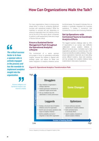 20
How Can Organizations Walk the Talk?
For many organizations, there is a long journey
ahead when it comes to achieving significant
success with operational analytics. While the
roadmap to success will vary depending on
where an organization lies in its maturity curve (a
tool at the end of this report allows companies
to perform a self-assessment), there are a range
of factors that are critical:
Ensure a Sustained Senior
Management Push throughout
the Operational Analytics
Lifecycle
The involvement of a senior sponsor
encourages a focus on generating actionable
insights, ensures the initiative is aligned with
strategic goals, and allows for faster and
better integration of analytics initiatives across
functional areas. Our research indicates that, as
analytics is gradually integrated into business
operations, it creates a momentum that
increases the success rate of ensuing initiatives.
Set Up Operations-wide
Centralized Teams to Coordinate
Analytics Efforts
The biggest business challenge (cited by 59%
of respondents in our survey), was ineffective
collaboration across analytics initiatives in
different functional areas. Centralized teams help
organizations generate an overarching view of the
impactandbenefitsofanalyticsinitiatives.Theyalso
ensure organizations make best use of data sitting
across different locations, share best practices,
and tap synergies from analytics initiatives being
implemented in other parts of operations.
Figure13: Operational Analytics Transformation Path
Source: Capgemini Consulting and Capgemini Insights & Data
Low
High
High
Strugglers
Game Changers
Laggards Optimizers
Align initiatives to organization’s
strategic objectives
Institute governance mechanism to
implement insights across levels
Set-up a feedback loop with
stakeholders to review performance
Develop a structured view of Analytics
Initiatives across the organization
Build B-case and assess operations-wide
impact of analytics initiatives
Identify availability and level of
integration of data within organization
Ensure continuous executive
sponsorship for analytics initiatives
Build centralized teams
to coordinate efforts
Appoint analytics champions to
steward analytics initiatives
Success in Realizing Benefits
LevelofImplementation
The critical success
factor is to have
a sponsor who is
actively engaged
in the process and
has the mandate to
implement analytics
insight into the
organization.
Business Intelligence and
Operational Analytics Lead,
resources company
 