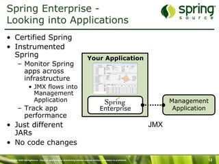 Copyright 2009 SpringSource. Copying, publishing or distributing without express written permission is prohibited. 12
Your Application
Spring Enterprise -
Looking into Applications
•  Certified Spring
•  Instrumented
Spring
–  Monitor Spring
apps across
infrastructure
•  JMX flows into
Management
Application
–  Track app
performance
•  Just different
JARs
•  No code changes
Enterprise
Management
Application
JMX
 