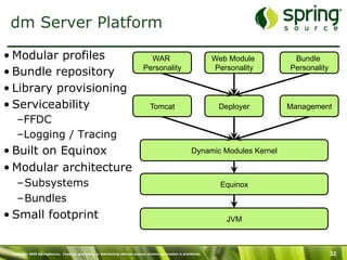 Copyright 2009 SpringSource. Copying, publishing or distributing without express written permission is prohibited. 32
dm Server Platform
• Modular profiles
• Bundle repository
• Library provisioning
• Serviceability
– FFDC
– Logging / Tracing
• Built on Equinox
• Modular architecture
– Subsystems
– Bundles
• Small footprint
WAR
Personality
Web Module
Personality
Bundle
Personality
Tomcat Deployer Management
Dynamic Modules Kernel
Equinox
JVM
 