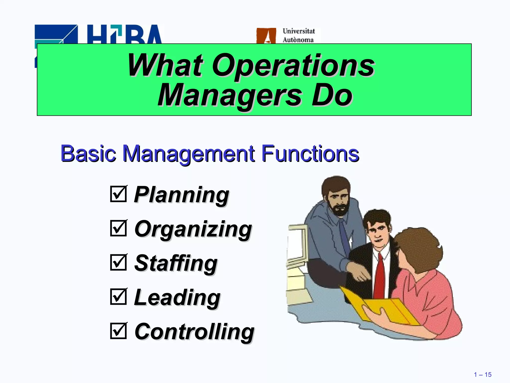 What Operations  Managers Do Planning Organizing Staffing Leading Controlling Basic Management Functions 