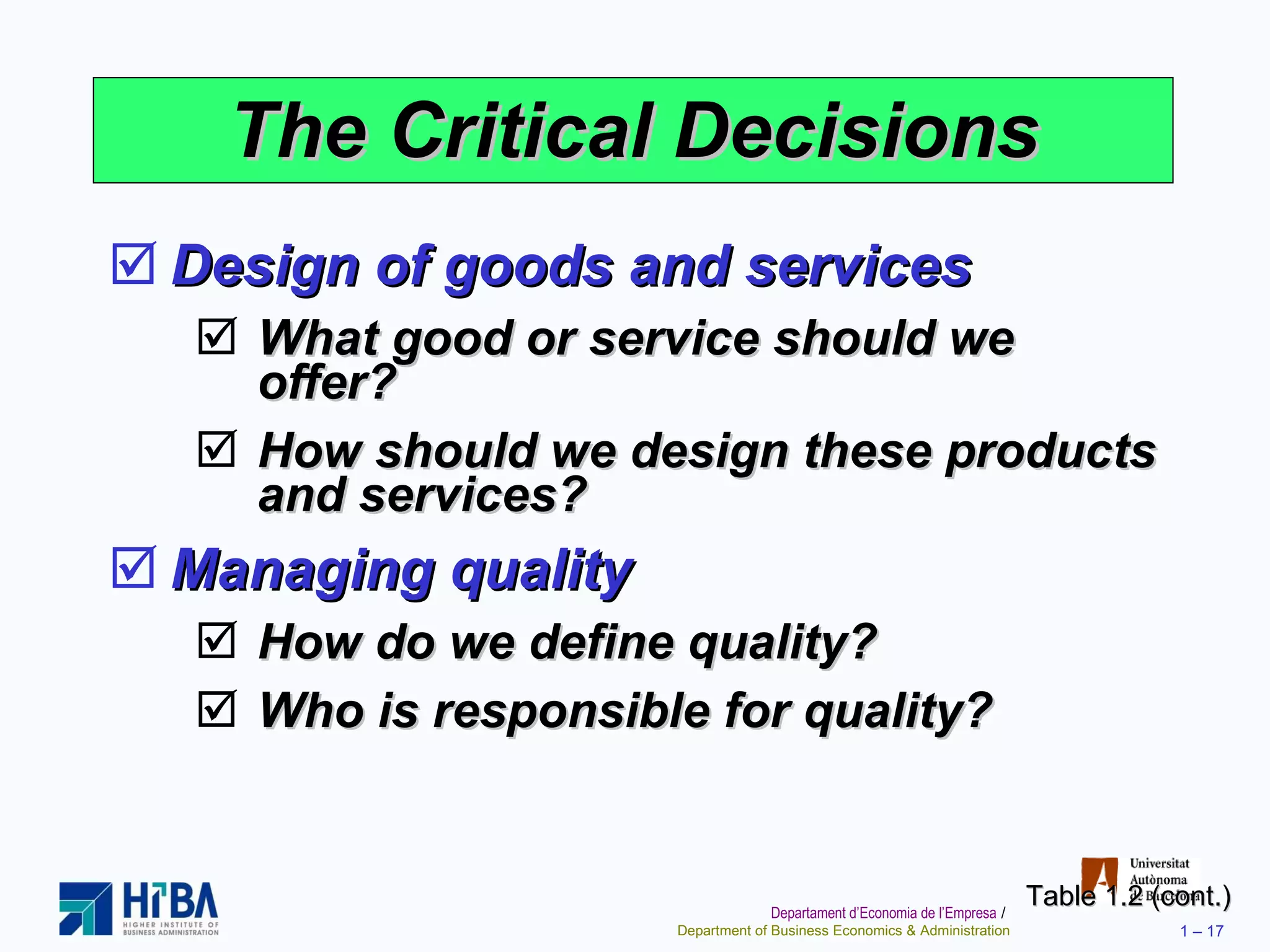 The Critical Decisions Design of goods and services What good or service should we offer? How should we design these products and services?  Managing quality How do we define quality? Who is responsible for quality? Table 1.2 (cont.) 
