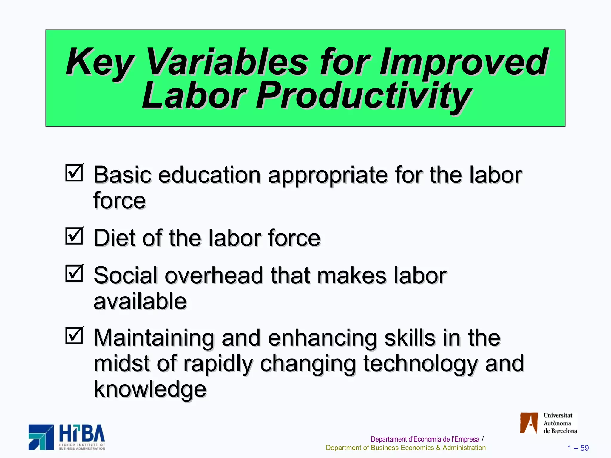 Key Variables for Improved Labor Productivity Basic education appropriate for the labor force Diet of the labor force Social overhead that makes labor available Maintaining and enhancing skills in the midst of rapidly changing technology and knowledge 