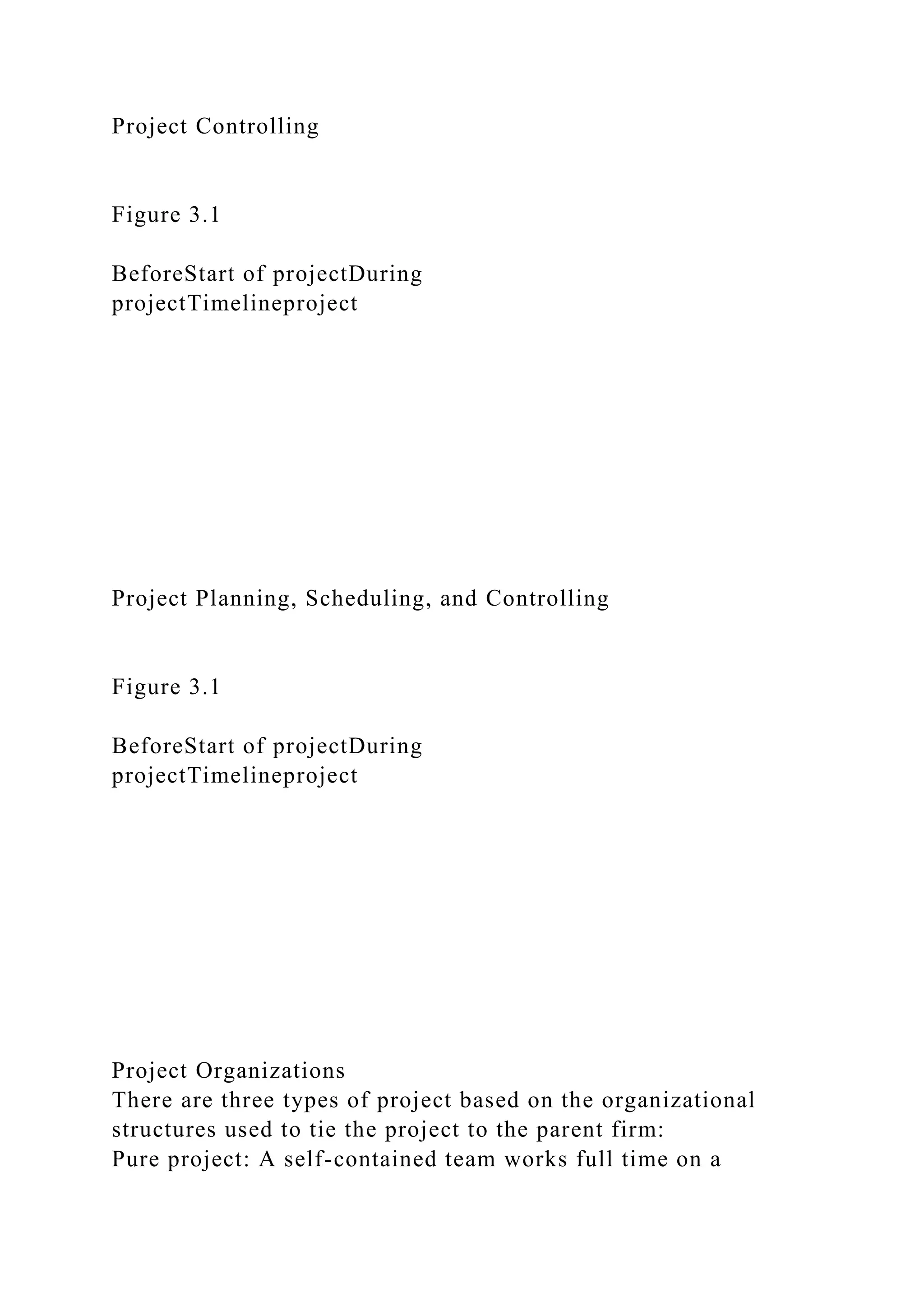 Project Controlling
Figure 3.1
BeforeStart of projectDuring
projectTimelineproject
Project Planning, Scheduling, and Controlling
Figure 3.1
BeforeStart of projectDuring
projectTimelineproject
Project Organizations
There are three types of project based on the organizational
structures used to tie the project to the parent firm:
Pure project: A self-contained team works full time on a
 