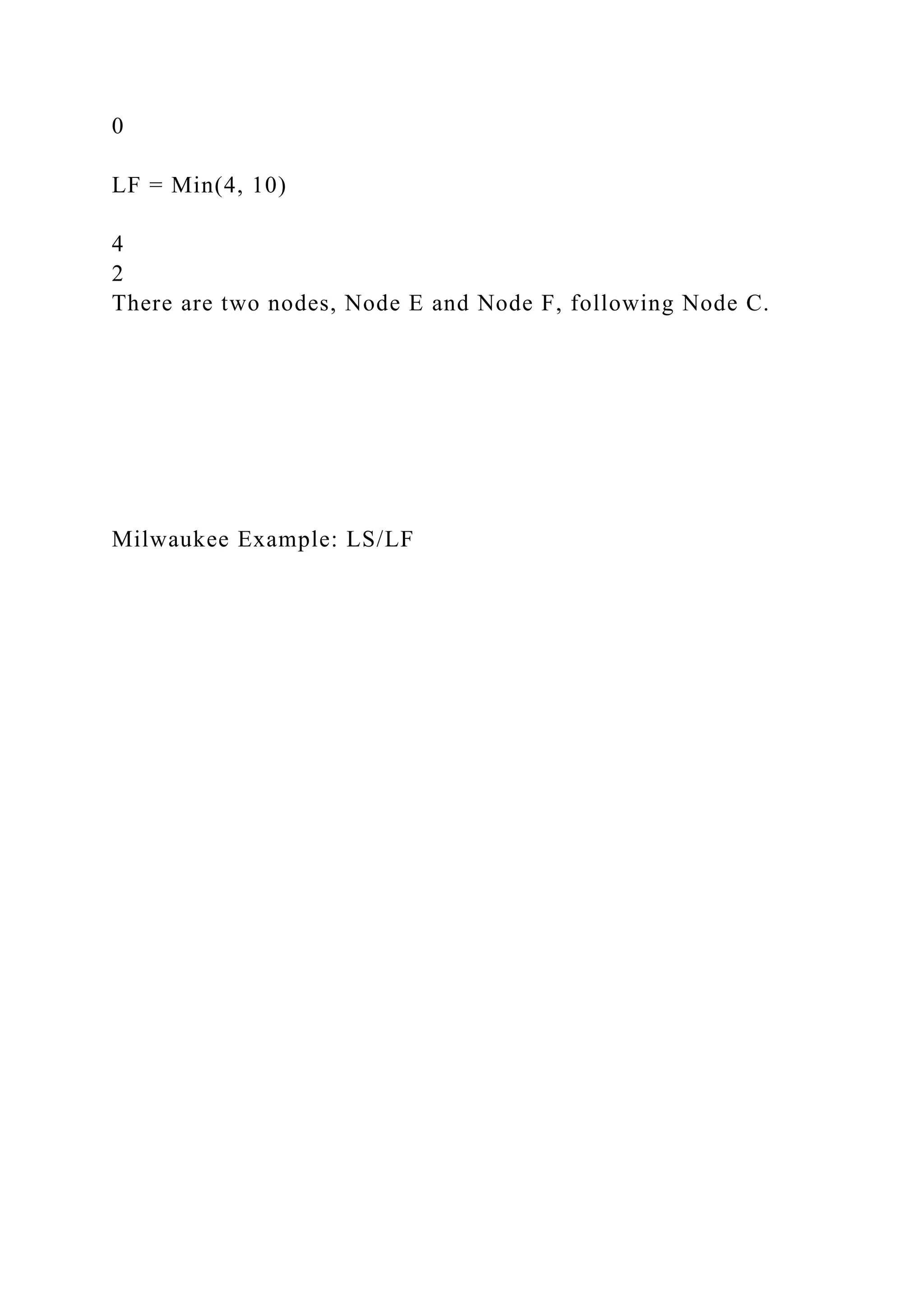 0
LF = Min(4, 10)
4
2
There are two nodes, Node E and Node F, following Node C.
Milwaukee Example: LS/LF
 