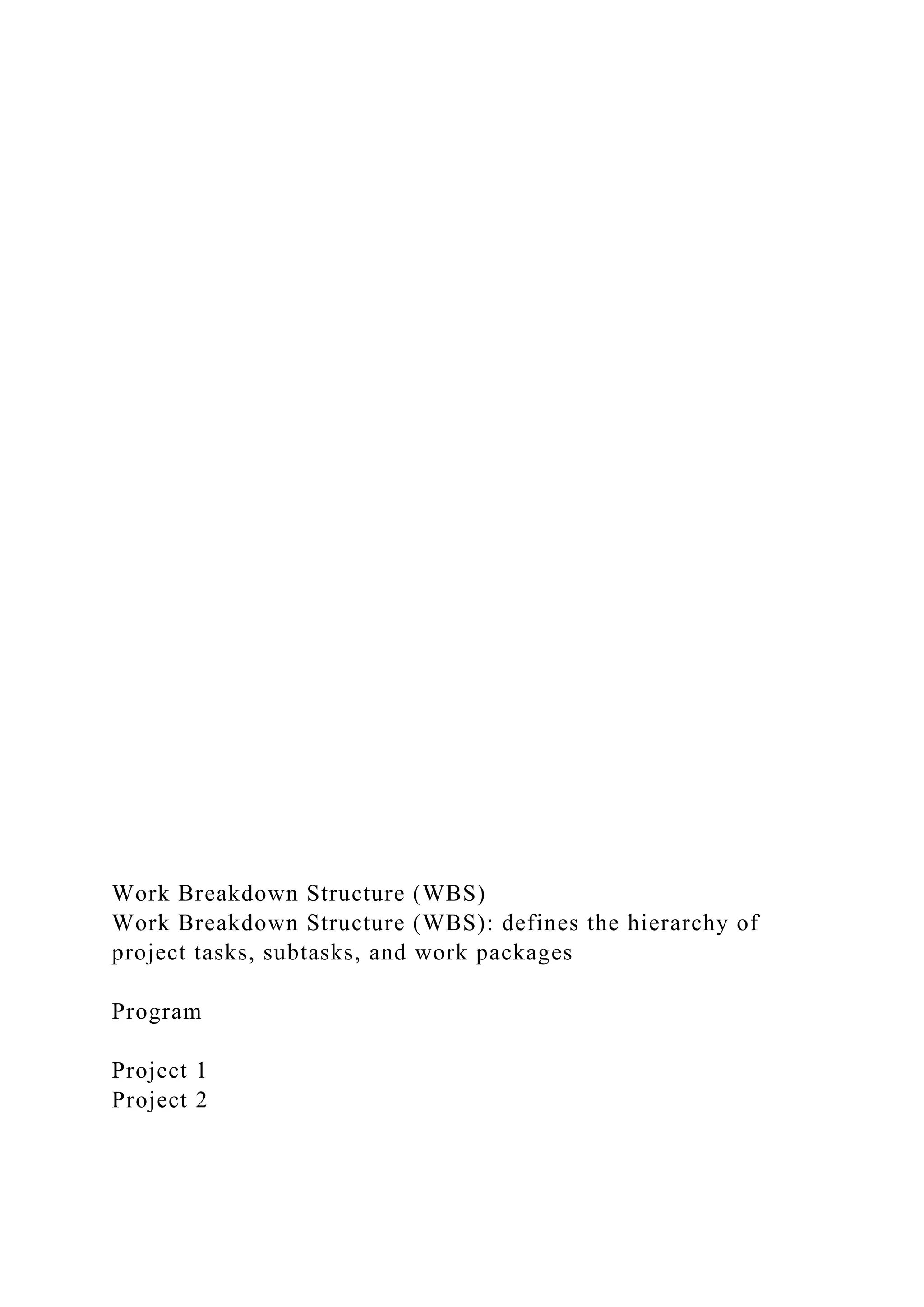Work Breakdown Structure (WBS)
Work Breakdown Structure (WBS): defines the hierarchy of
project tasks, subtasks, and work packages
Program
Project 1
Project 2
 