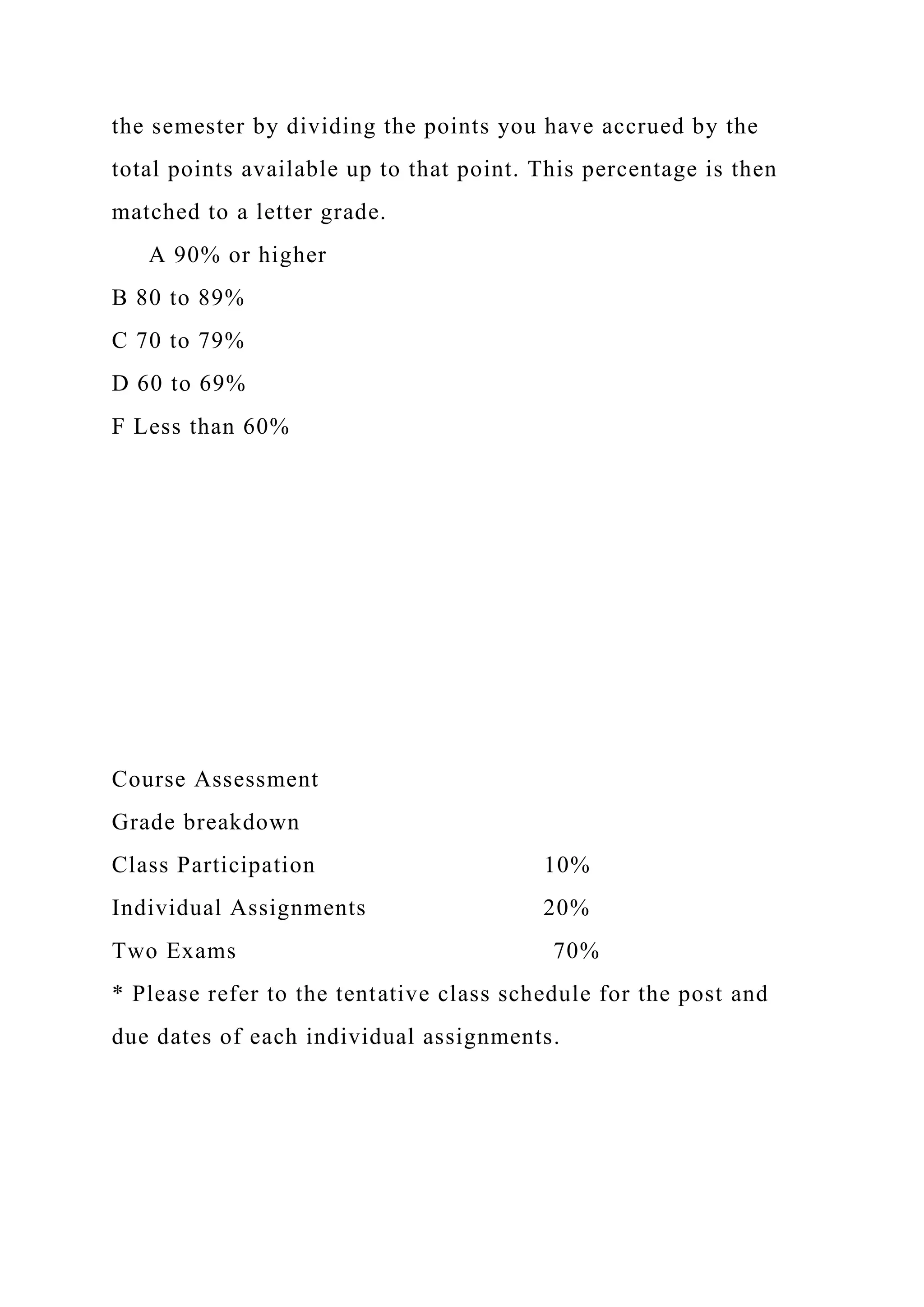 the semester by dividing the points you have accrued by the
total points available up to that point. This percentage is then
matched to a letter grade.
A 90% or higher
B 80 to 89%
C 70 to 79%
D 60 to 69%
F Less than 60%
Course Assessment
Grade breakdown
Class Participation 10%
Individual Assignments 20%
Two Exams 70%
* Please refer to the tentative class schedule for the post and
due dates of each individual assignments.
 