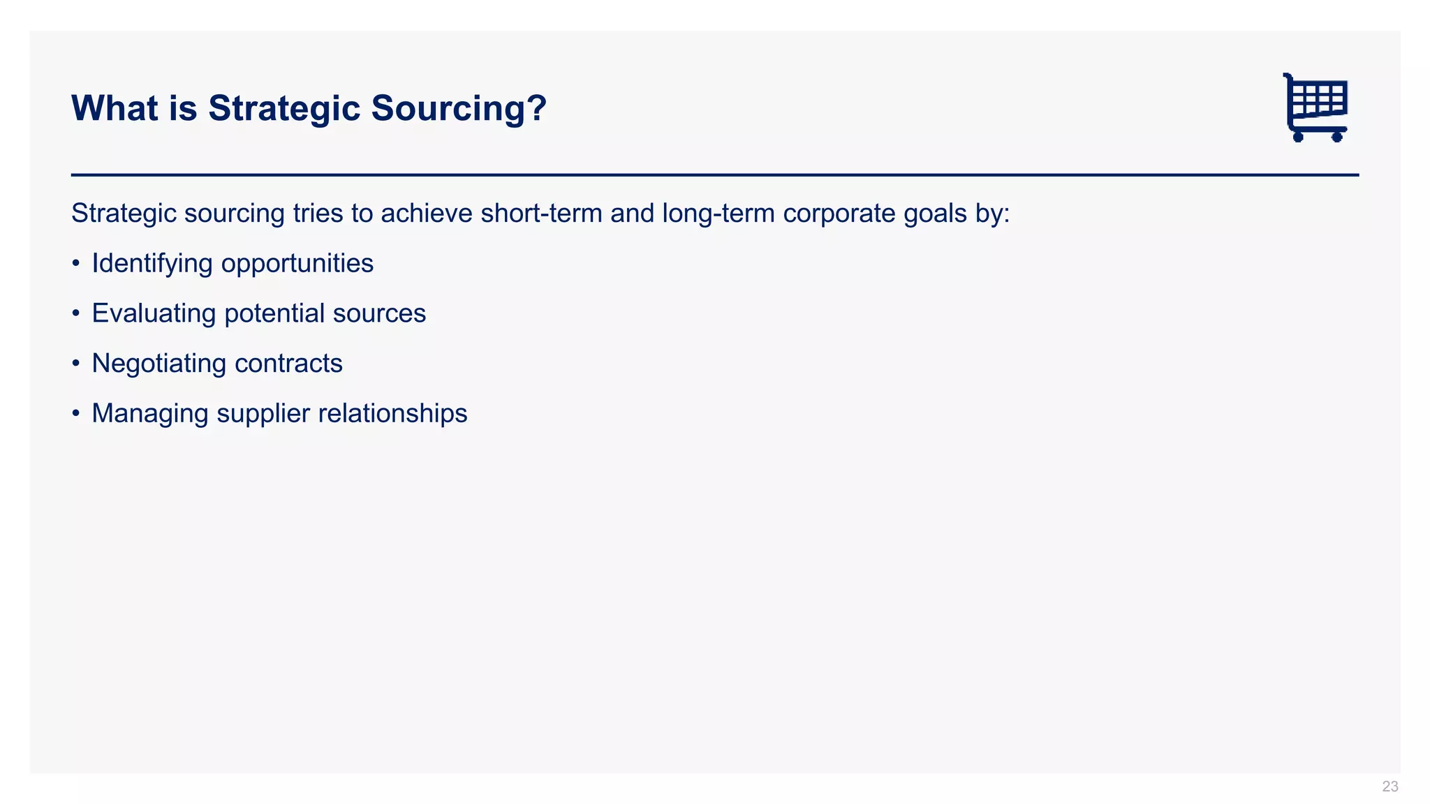 What is Strategic Sourcing?
23
Strategic sourcing tries to achieve short-term and long-term corporate goals by:
• Identifying opportunities
• Evaluating potential sources
• Negotiating contracts
• Managing supplier relationships
 