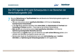 ZUSAMMENFASSUNG



Die CFO Agenda 2010 setzt Schwerpunkte in vier Bereichen der
Wertschöpfungskette (3/3)


7   Bei einer Betrachtung der Top-Einzelhebel über alle Bereiche der Wertschöpfungskette ergeben sich
    weitere Kernaussagen
    > 70% der Unternehmen planen spezifische Aktivitäten in 2010 bei der Anwendung
      kaufmännischer Einkaufshebel
    > In die Top-10 der geplanten Aktivitäten fallen keine Hebel, die Administration & Overhead oder
      Controlling & Finanzen betreffen – Fokus liegt auf der primären Wertschöpfung
    > Mehr als 50% der Unternehmen planen keine spezifischen Aktivitäten in 2010 bei der
      Optimierung bereitgestellter Backoffice Services
    > Insbesondere zur Logistik haben sich die Teilnehmer eine sehr sichere Meinung gebildet, ob im
      nächsten Jahr Aktivitäten durchgeführt werden oder nicht
    > Beinahe jeder Zweite der Studienteilnehmer kann noch nicht eindeutig sagen, inwiefern
      Aktivitäten zur Optimierung der Einkaufsorganisation für 2010 geplant sind




                                                                                  Operations Effizienz Radar_final.pptx   7
 