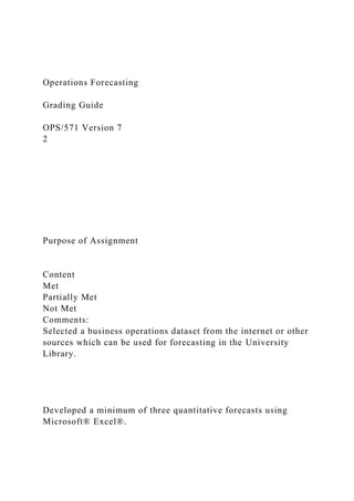 Operations Forecasting
Grading Guide
OPS/571 Version 7
2
Purpose of Assignment
Content
Met
Partially Met
Not Met
Comments:
Selected a business operations dataset from the internet or other
sources which can be used for forecasting in the University
Library.
Developed a minimum of three quantitative forecasts using
Microsoft® Excel®.
 