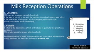 Milk Reception Operations
Nusrat Ali Bhat
Chinmai R Dastikop
1. UNLOADING
Milk cans are unloaded manually from truck.
If the level of truck is in line with the platform, the unload requires least effort.
If the milk tanker is being used, it is first properly positioned so that
connections can be made conveniently.
2. GRADING
It refers to the classification of milk on the basis of quality for the price fixing
purposes.
Milk grader is used for proper selection of milk.
Principle of grading is based on organoleptic test (smell, taste, appearance &
acidity, sediment etc. which are included in Platform test.
1. Unloading
2. Grading
3. Sampling
4. Weighing
5. Testing
 