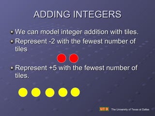 ADDING INTEGERS We can model integer addition with tiles. Represent -2 with the fewest number of tiles Represent +5 with the fewest number of tiles. The University of Texas at Dallas 