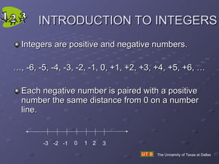 INTRODUCTION TO INTEGERS Integers are positive and negative numbers. … , -6, -5, -4, -3, -2, -1, 0, +1, +2, +3, +4, +5, +6, … Each negative number is paired with a positive number the same distance from 0 on a number line. The University of Texas at Dallas -3  -2 -1 2 0 1 3 