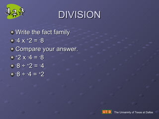 DIVISION Write the fact family - 4 x  + 2 =  - 8 Compare your answer. + 2 x  - 4 =  - 8 - 8  ÷  + 2 =  - 4 - 8 ÷  - 4 =  + 2 The University of Texas at Dallas 
