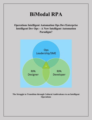BiModal RPA
Operations Intelligent Automation Ops Dev/Enterprise
Intelligent Dev Ops – A New Intelligent Automation
Paradigm?
The Struggle to Transition through Cultural Ambivalence to an Intelligent
Operations
 