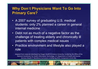 Why Don’t Physicians Want To Go Into
Primary Care?

• A 2007 survey of graduating U.S. medical
  students: only 2% planned a career in general
  internal medicine
• Debt not as much of a negative factor as the
  challenge of treating elderly and chronically ill
  patients with complex medical issues
• Practice environment and lifestyle also played a
  role
  Adapted from materials developed by Oregon Health & Science University, funded by the Office of the 
    National Coordinator for Health Information Technology, U.S. Department of Health and Human 
          Services (Health IT Workforce Curriculum v.3.0/Spring 2012, Component 1/Unit 3b).

                                                                                                         42
 