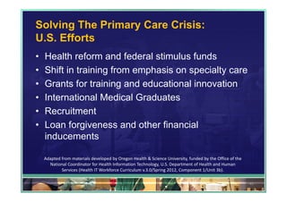 Solving The Primary Care Crisis:
U.S. Efforts
•   Health reform and federal stimulus funds
•   Shift in training from emphasis on specialty care
•   Grants for training and educational innovation
•   International Medical Graduates
•   Recruitment
•   Loan forgiveness and other financial
    inducements

    Adapted from materials developed by Oregon Health & Science University, funded by the Office of the 
      National Coordinator for Health Information Technology, U.S. Department of Health and Human 
            Services (Health IT Workforce Curriculum v.3.0/Spring 2012, Component 1/Unit 3b).

                                                                                                           43
 